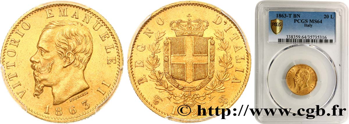 ITALY - KINGDOM OF ITALY - VICTOR-EMMANUEL II 20 Lire 1863 Turin MS64 PCGS