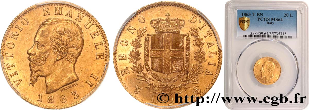 ITALY - KINGDOM OF ITALY - VICTOR-EMMANUEL II 20 Lire 1863 Turin MS63 PCGS