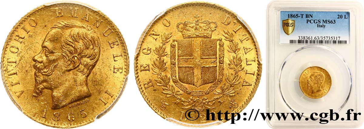 ITALIA 20 Lire Victor Emmanuel II  1865 Turin MS63 PCGS