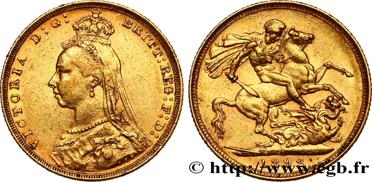 INVESTMENT GOLD 1 Souverain Victoria buste du jubilé 1892 Melbourne MBC+ 