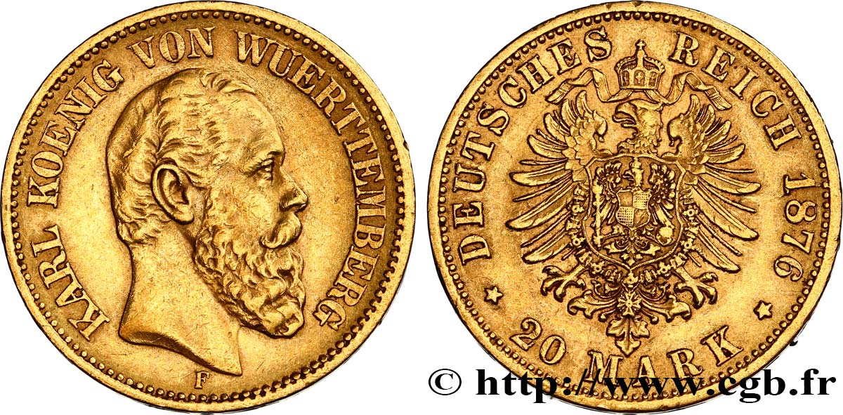 ALEMANIA - WURTEMBERG 20 Mark or, 2e type Charles Ier 1876 Stuttgart MBC+ 