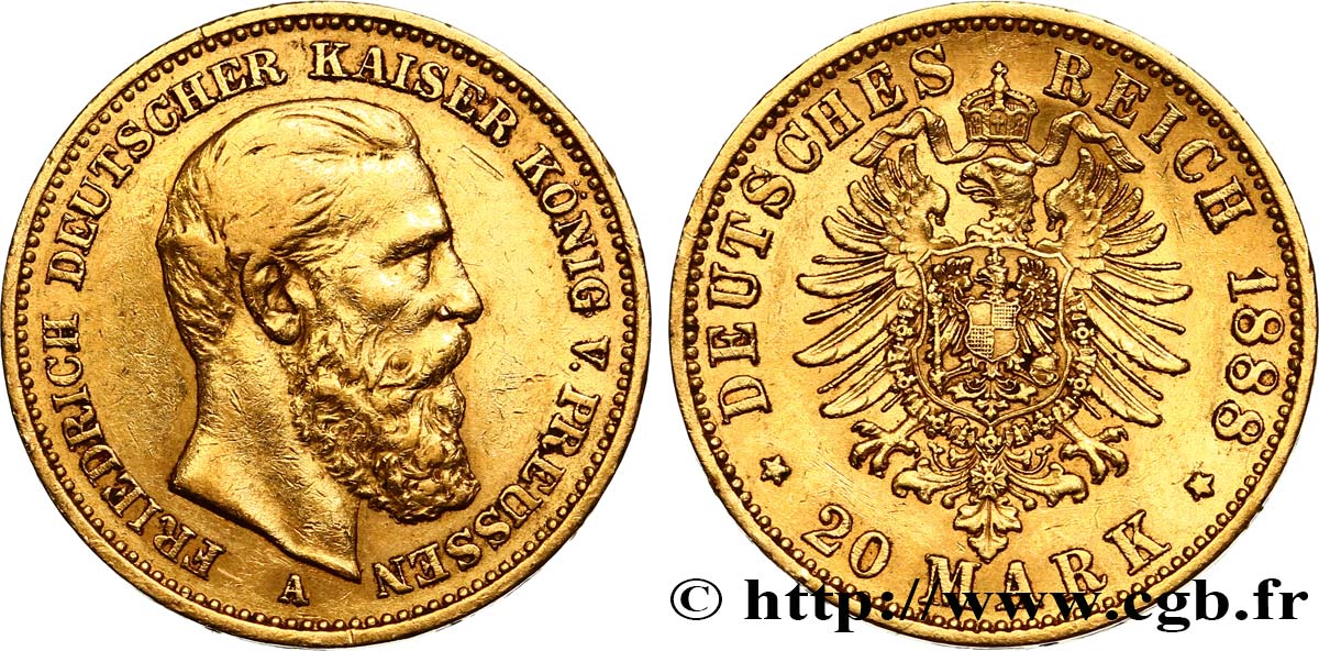 ALEMANIA - PRUSIA 20 Mark Frédéric III 1888 Berlin MBC/MBC+ 