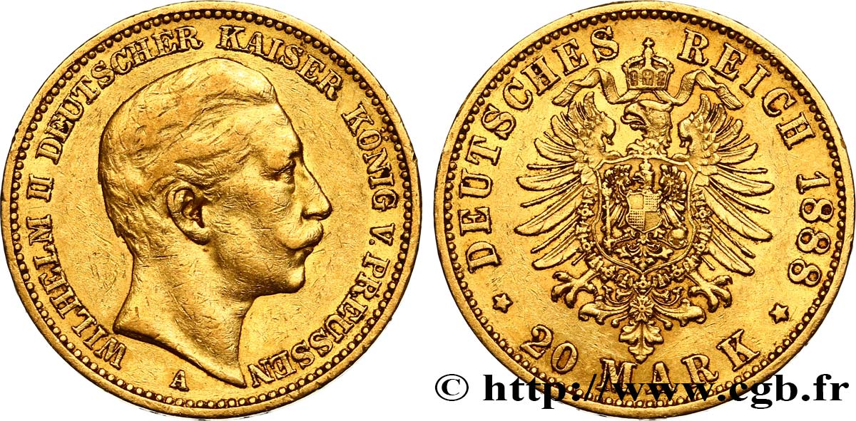 ALLEMAGNE - PRUSSE 20 Mark Guillaume II 1888 Berlin TTB/TTB+ 