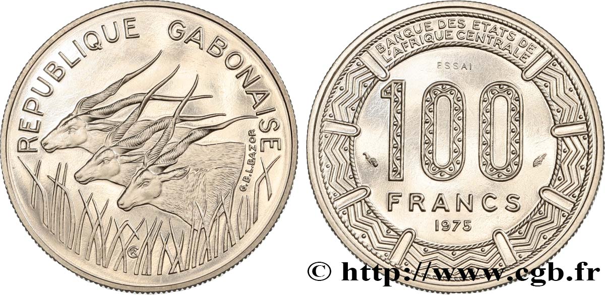 GABóN Essai de 100 Francs antilopes type “BEAC” 1975 Paris FDC 