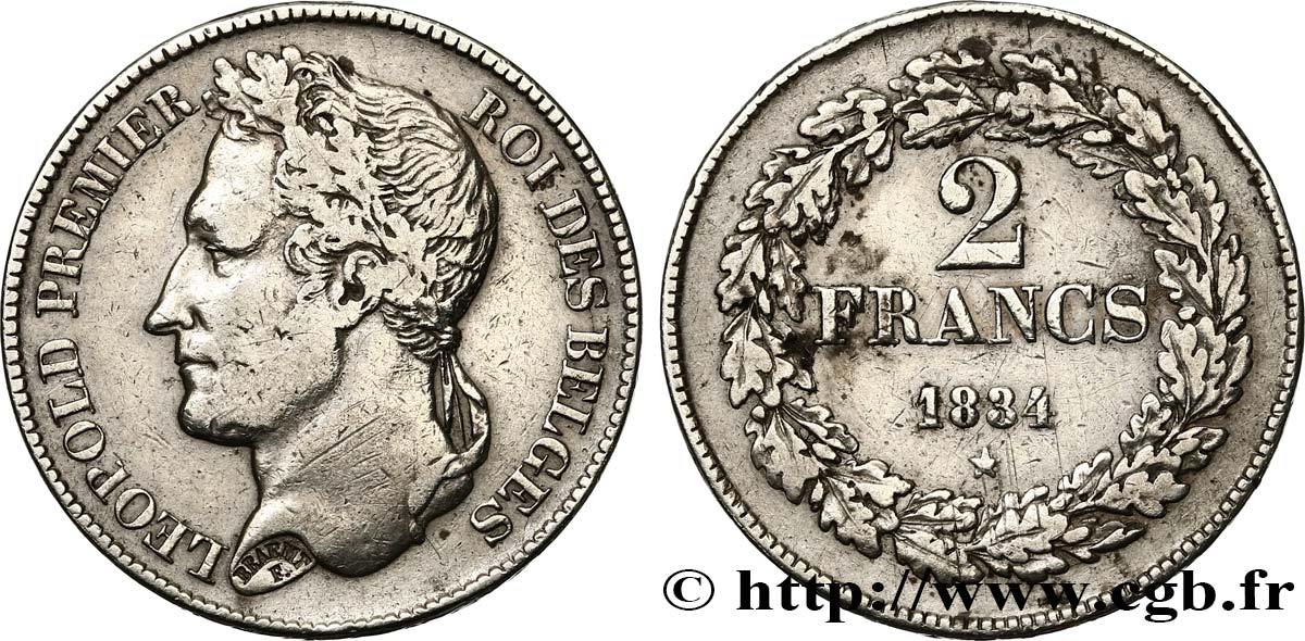 BELGIUM - KINGDOM OF BELGIUM - LEOPOLD I 2 Francs 1834  XF/VF 