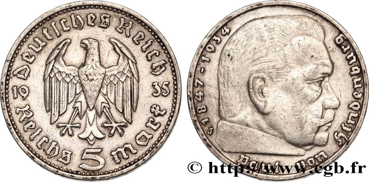GERMANY 5 Reichsmark Maréchal Paul von Hindenburg 1935 Hambourg - J XF 