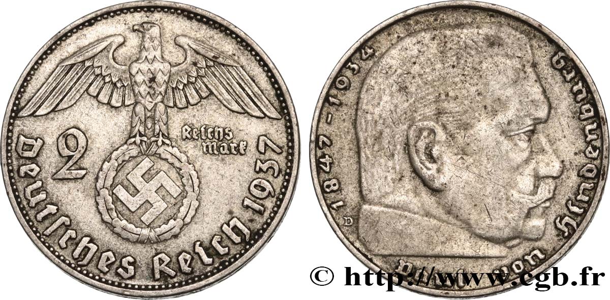 ALLEMAGNE 2 Reichsmark aigle surmontant une swastika / Maréchal Paul von Hindenburg 1937 Munich - D TTB 