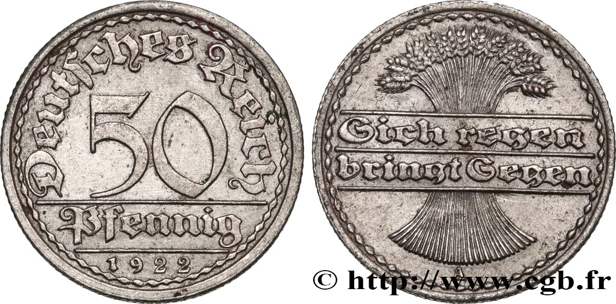 ALEMANIA 50 Pfennig gerbe de blé “sich regen bringt segen“ 1922 Berlin EBC 