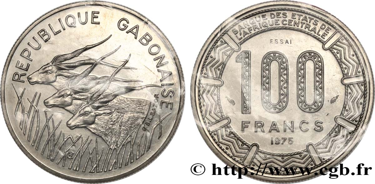 GABON Essai de 100 Francs antilopes type “BEAC” 1975 Paris FDC 