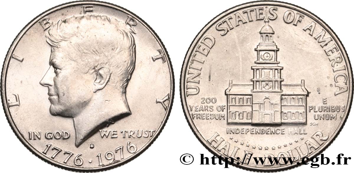 ÉTATS-UNIS D AMÉRIQUE 1/2 Dollar Kennedy / Independence Hall bicentenaire 1976 Denver SUP 