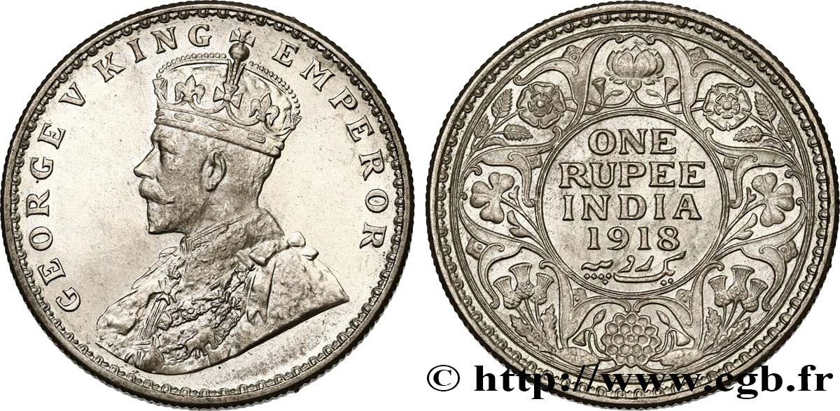 BRITISH INDIA 1 Roupie Georges V 1918 Calcutta MS 