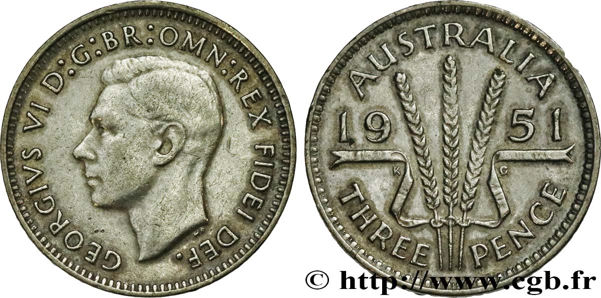 AUSTRALIE 3 Pence Georges VI 1951  TTB 