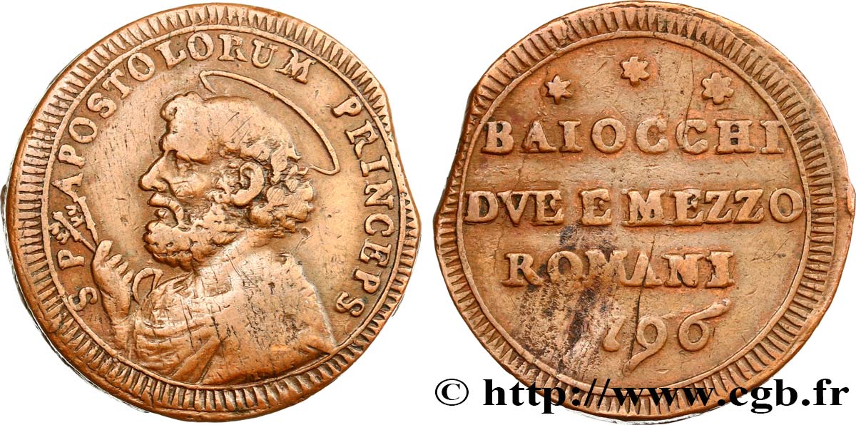 VATICAN AND PAPAL STATES 2 1/2 Baiocchi St Pierre 1796 Rome XF 