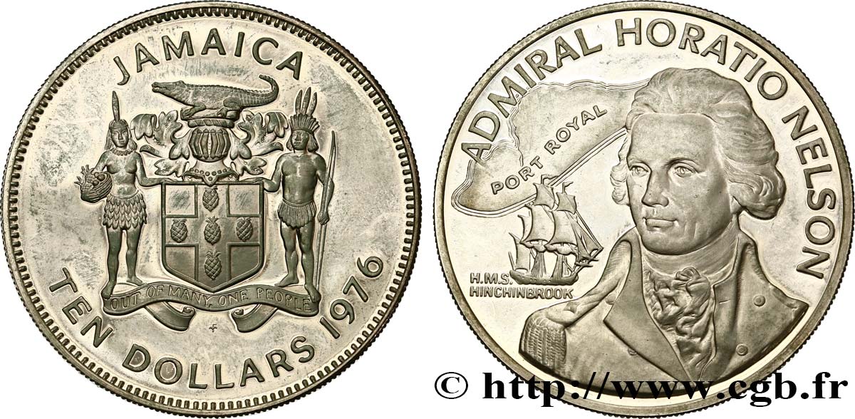 JAMAICA 10 Dollars Proof Amiral Nelson 1976 Franklin SC 