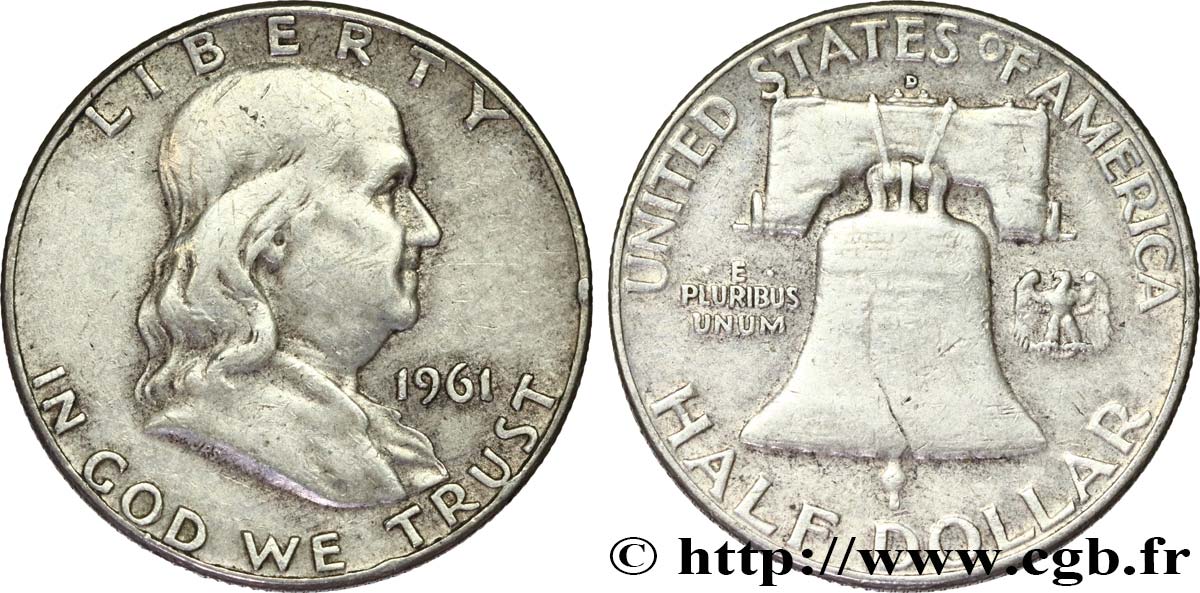 ÉTATS-UNIS D AMÉRIQUE 1/2 Dollar Benjamin Franklin 1961 Denver TB+ 