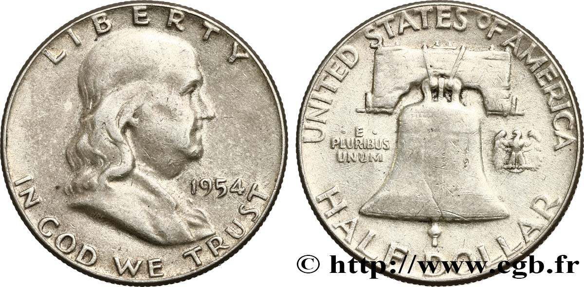 ÉTATS-UNIS D AMÉRIQUE 1/2 Dollar Benjamin Franklin 1954 Philadelphie TB+ 