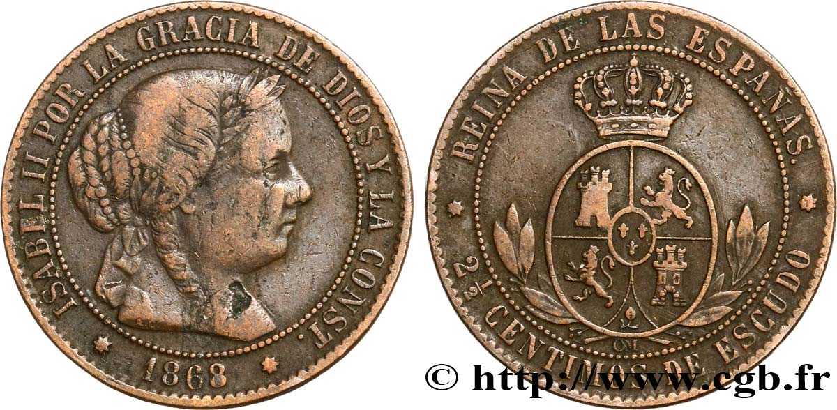SPAIN 2 1/2 Centimos de Escudo Isabelle II 1868 Oeschger Mesdach & CO VF 