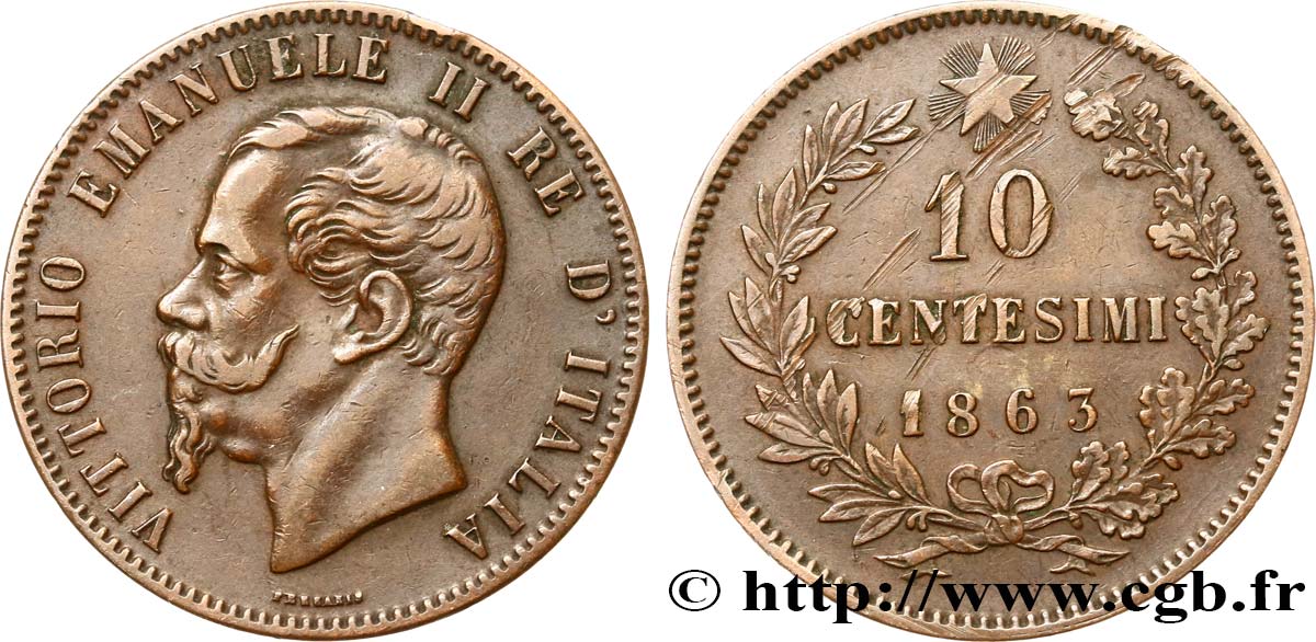 ITALIE 10 Centesimi Victor Emmanuel II 1863  TTB 