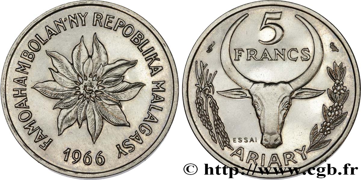 MADAGASCAR Essai 5 Francs - 1 Ariary 1966 Paris MS 