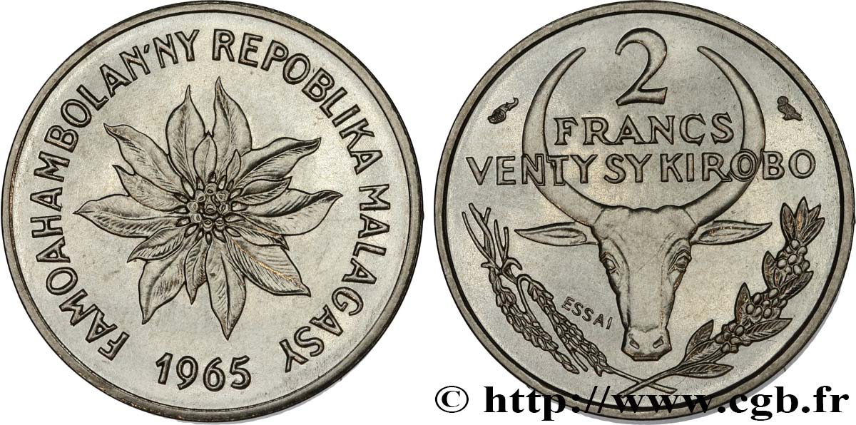 MADAGASCAR Essai de 2 Francs zébu 1965 Paris SPL 