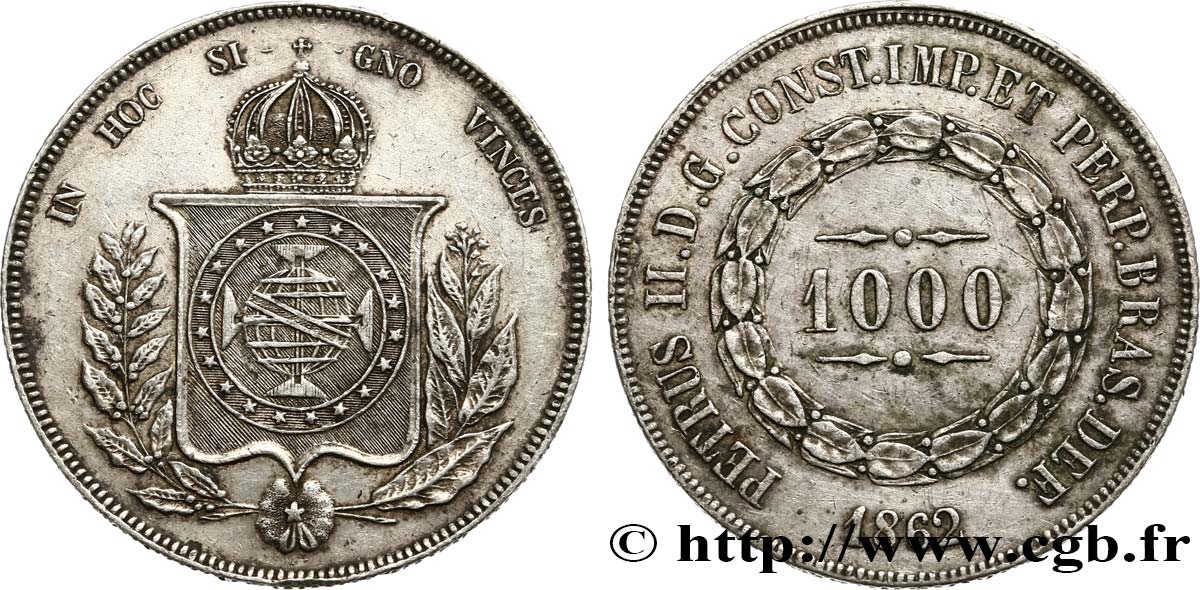 BRASILIEN 1000 Reis Empereur Pierre II 1862  SS 