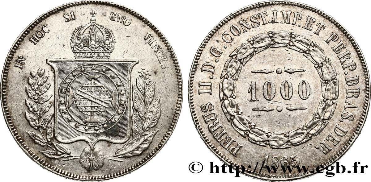 BRASIL 1000 Reis Empereur Pierre II 1865  MBC+ 