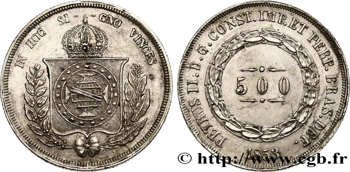 BRAZIL 500 Reis Pierre II 1853  AU 