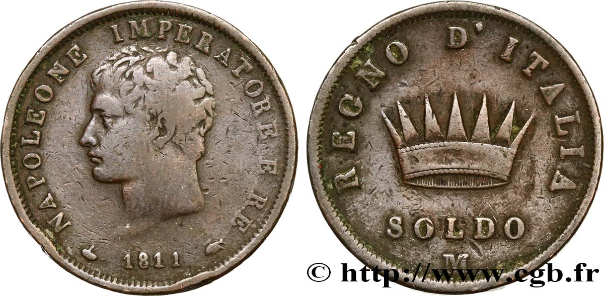 ITALY - KINGDOM OF ITALY - NAPOLEON I 1 Soldo 1811 Milan VF 