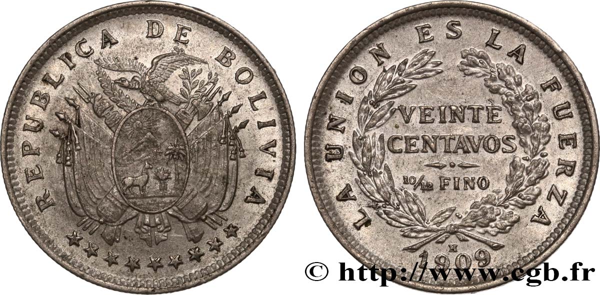 BOLIVIA 20 Centavos 1909 Heaton SPL 