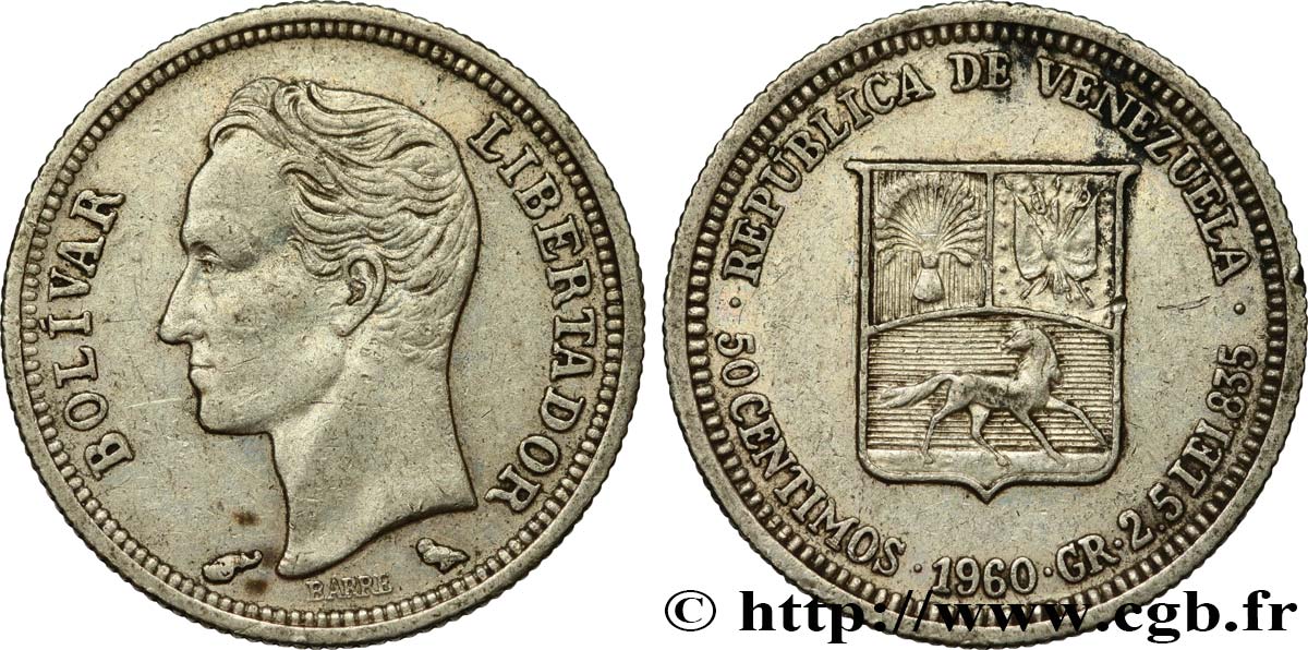 VENEZUELA 50 Centimos Simon Bolivar 1960 Paris TTB 