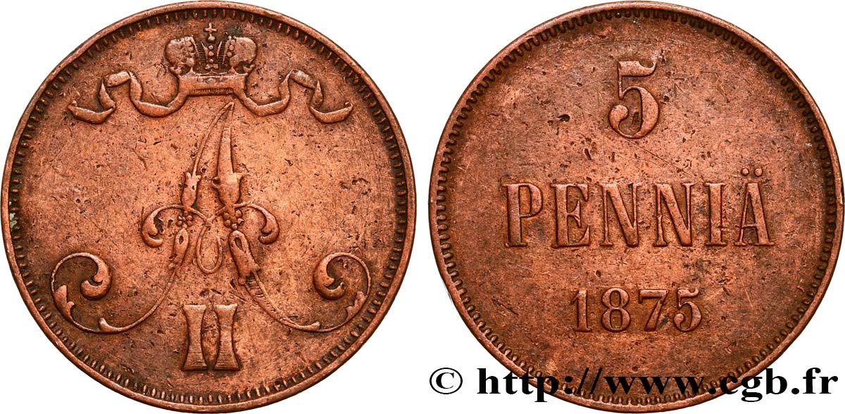 FINLANDIA 5 Pennia Alexandre III 1875  BC+ 