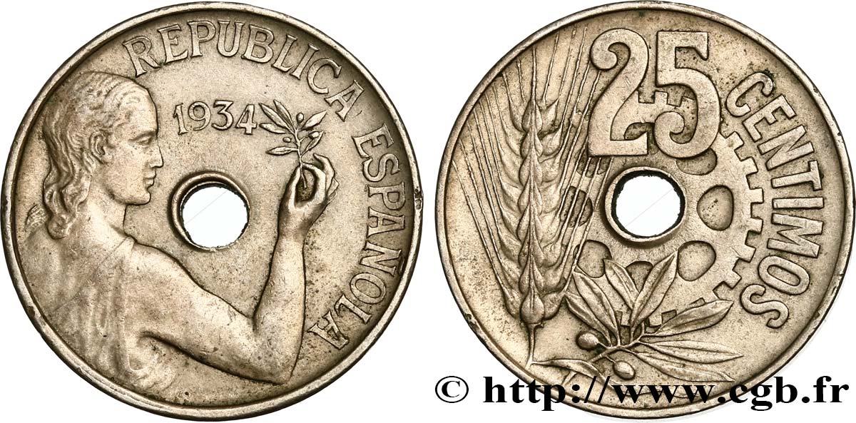 ESPAGNE 25 Centimos monnayage républicain 1934  SUP 