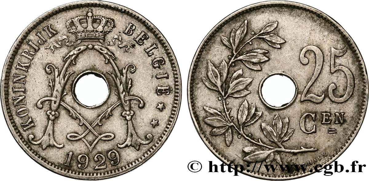 BELGIUM 25 Centiemen (Centimes) 1929  AU 