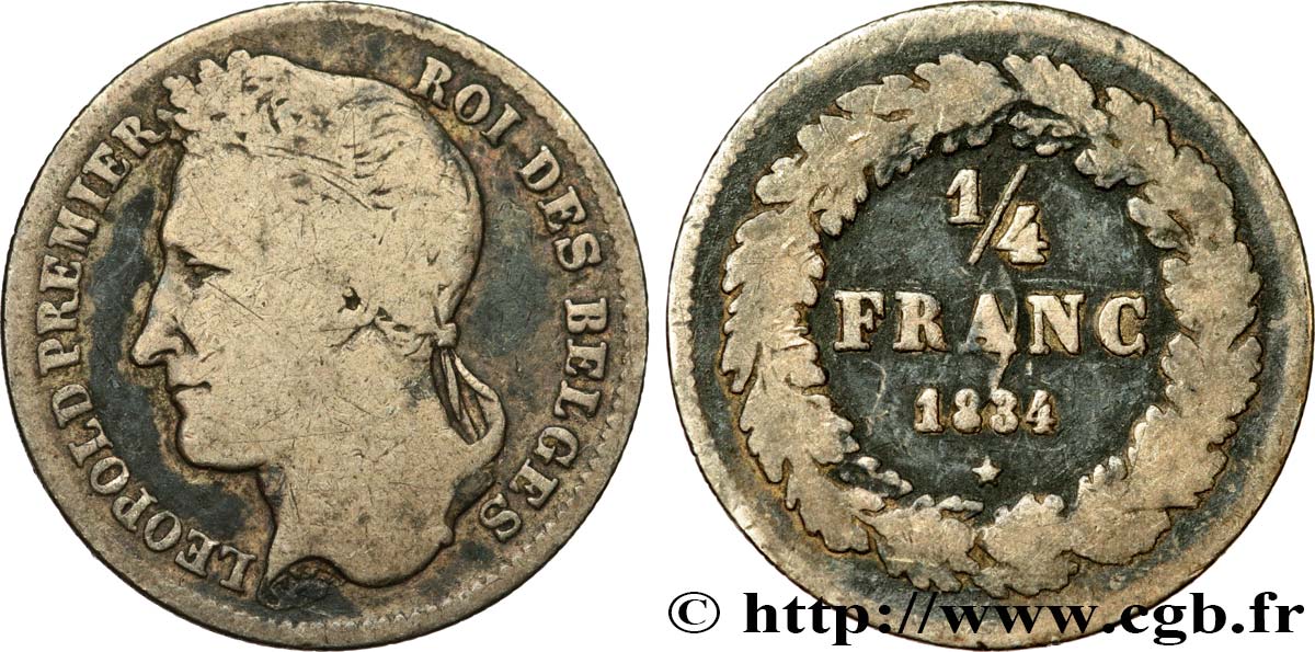 BELGIO 1/4 Franc Léopold Ier tête laurée 1834 Bruxelles q.MB 