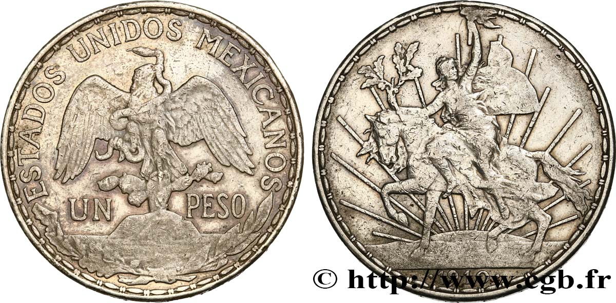 MEXICO 1 Peso Liberté à cheval  1910 Mexico VF/XF 