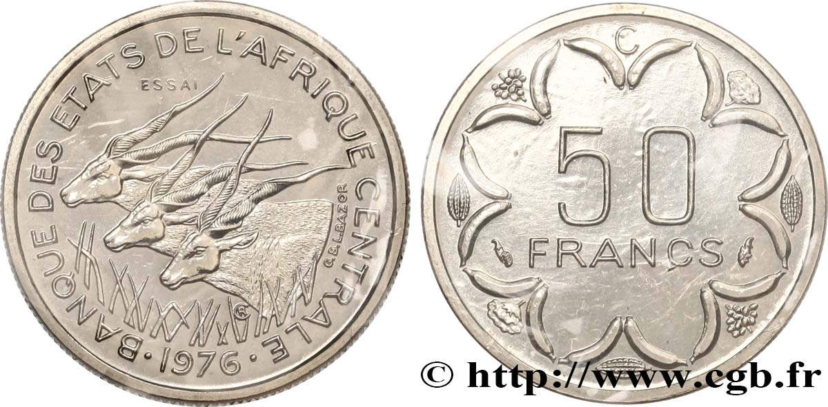 ÉTATS DE L AFRIQUE CENTRALE Essai de 50 Francs antilopes lettre ‘C’ Congo 1976 Paris FDC 