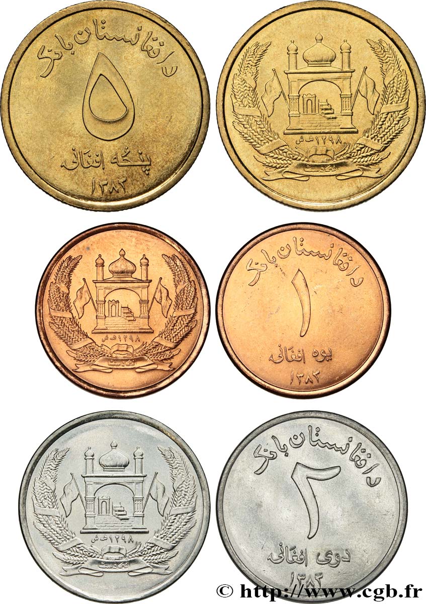 ÁFGANISTAN Lot de 3 monnaies 1, 2 et 5 Afghani SH1383 2004 Paris SC 