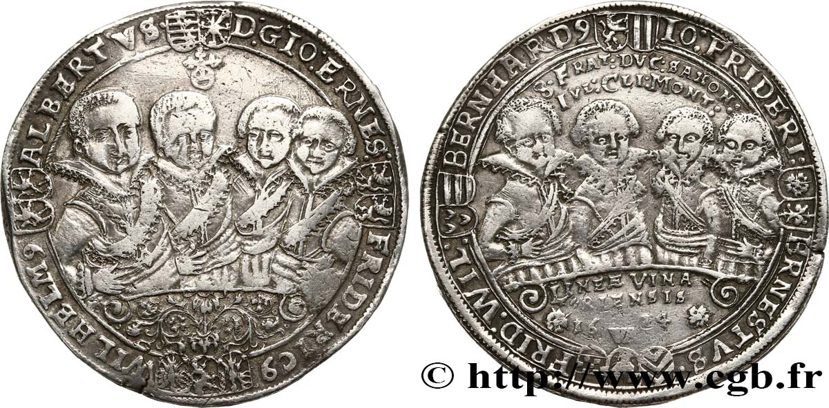 GERMANY - DUCHY OF SAXE-WEIMAR - JOHN-ERNEST IV AND HIS SEVEN BROTHERS Thaler 1614 Weimar XF 