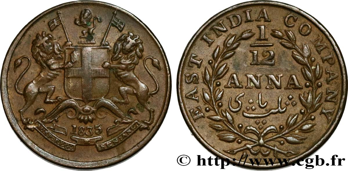 INDIA BRITÁNICA 1/12 Anna East India Company 1835 Madras EBC 