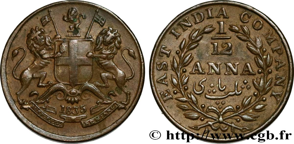 INDES BRITANNIQUES 1/12 Anna East India Company 1835 Madras SUP 