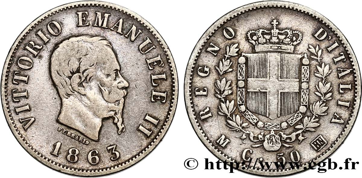 ITALIE 50 Centesimi Victor Emmanuel II type à l’écu 1863 Milan TB+ 