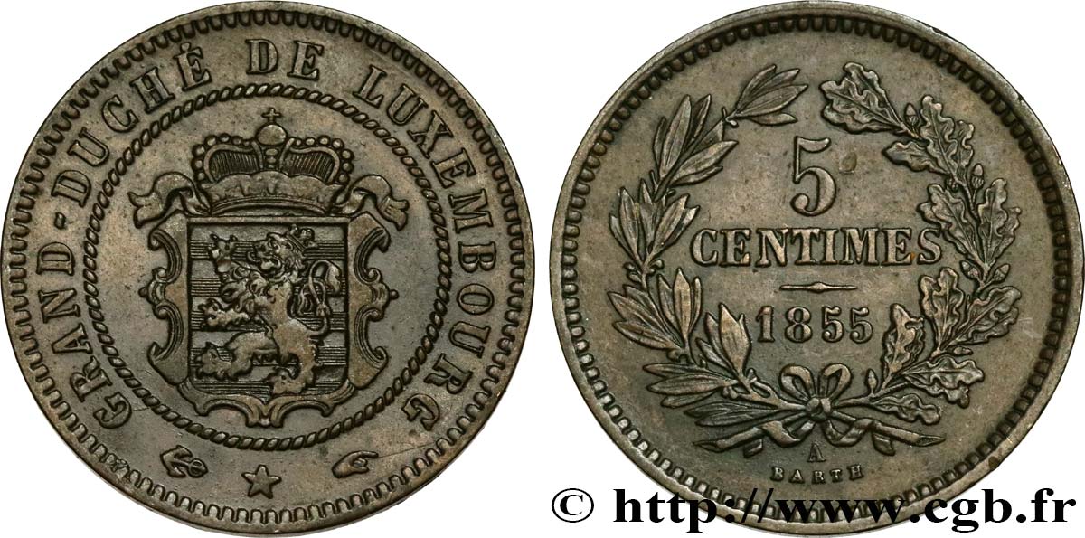 LUXEMBOURG 5 Centimes écu couronné 1855 Paris  TTB+ 