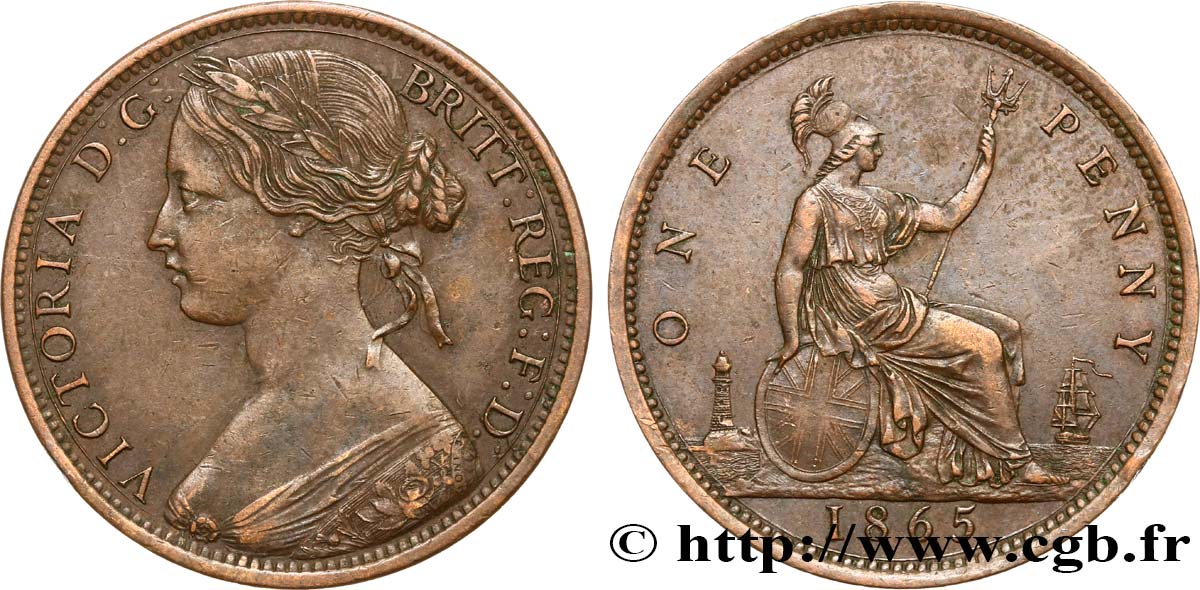ROYAUME-UNI 1 Penny Victoria “Bun Head” 1865  TTB 