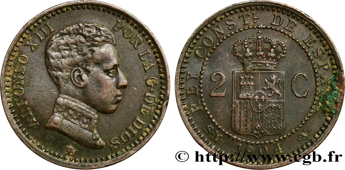 ESPAGNE 2 Centimos Alphonse XIII 1904 Madrid TTB 