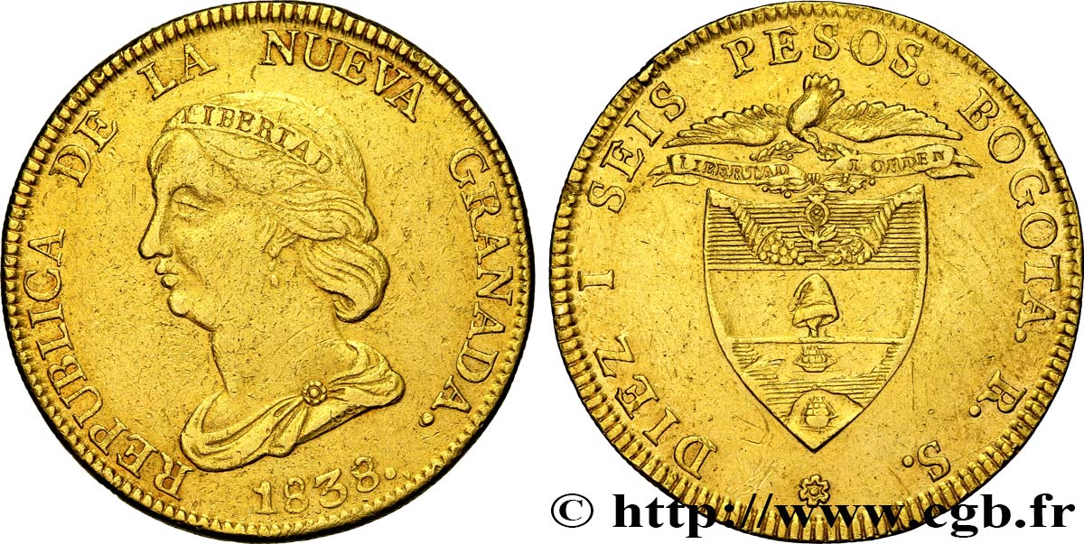 COLOMBIA - REPUBLIC OF NEW GRANADA 16 Pesos en or 1838 Bogota XF 