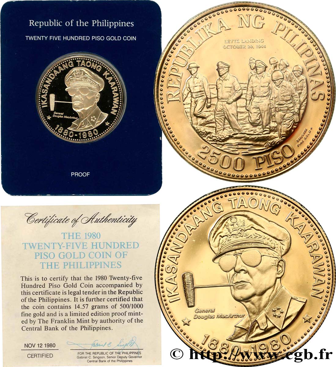 Philippines 2500 Piso Proof 100e Anniversaire De La Naissance Du General Mac Arthur 1980 Fwo World Coins