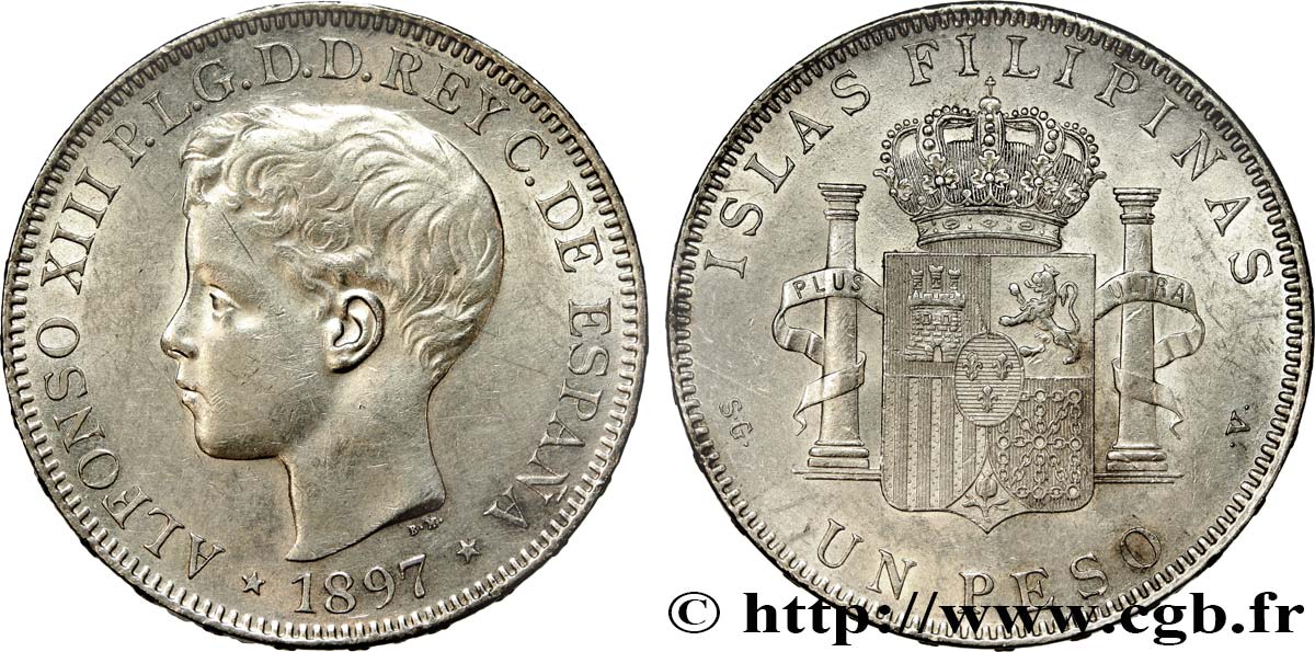 PHILIPPINES 1 Peso Alphonse XIII 1897 Madrid AU 
