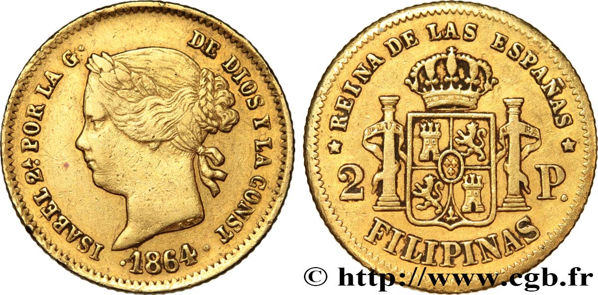 PHILIPPINES 2 Pesos Isabelle II 1864  XF 