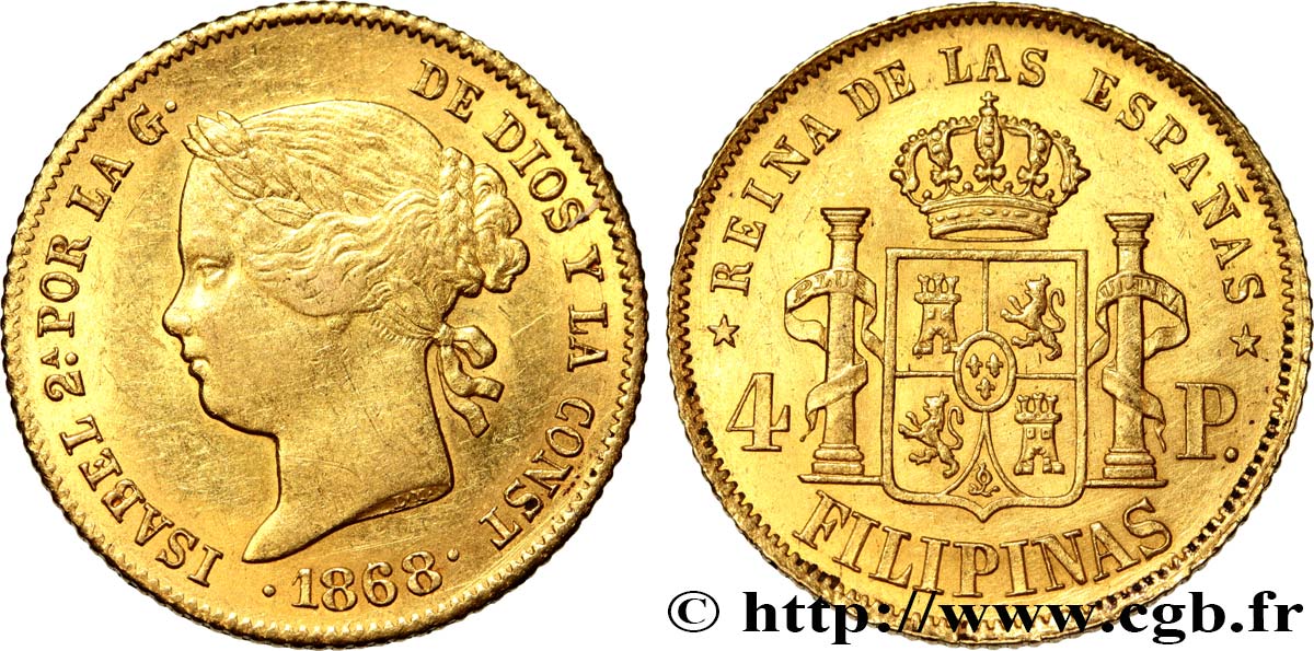 PHILIPPINES 4 Pesos Isabelle II 1868  XF 
