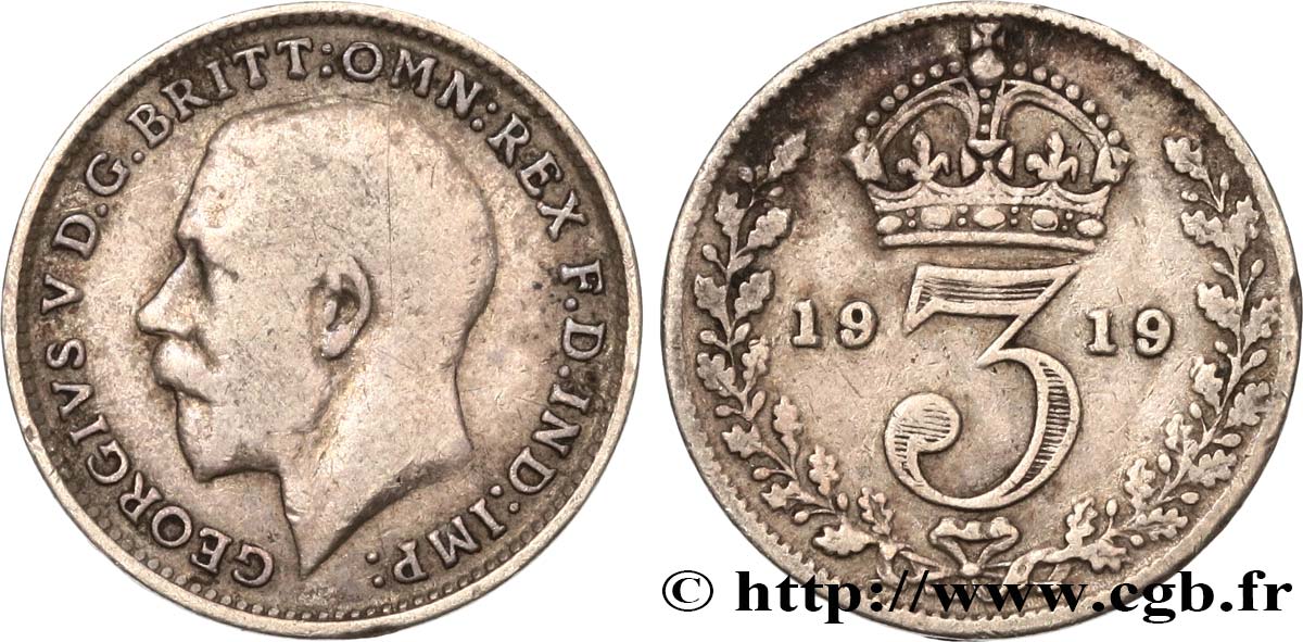 REINO UNIDO 3 Pence Georges V 1919  BC+ 